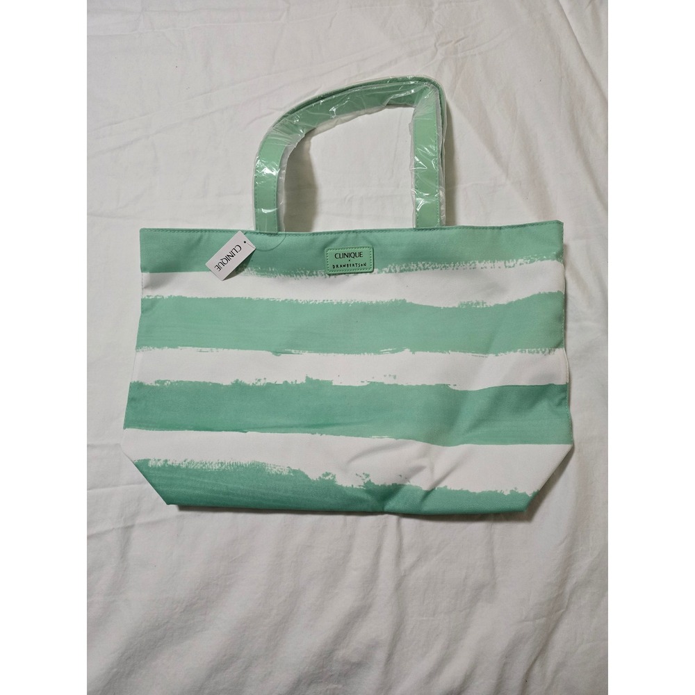 Clinique Striped Tote Bag Green White Makeup Cosmetic Travel Beach /0316
